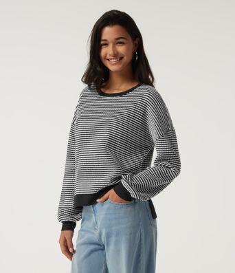 Round Neck Long Sleeve Stripe Waffle Casual Sweater Round Neck Long Sleeve Stripe Waffle Casual Sweater