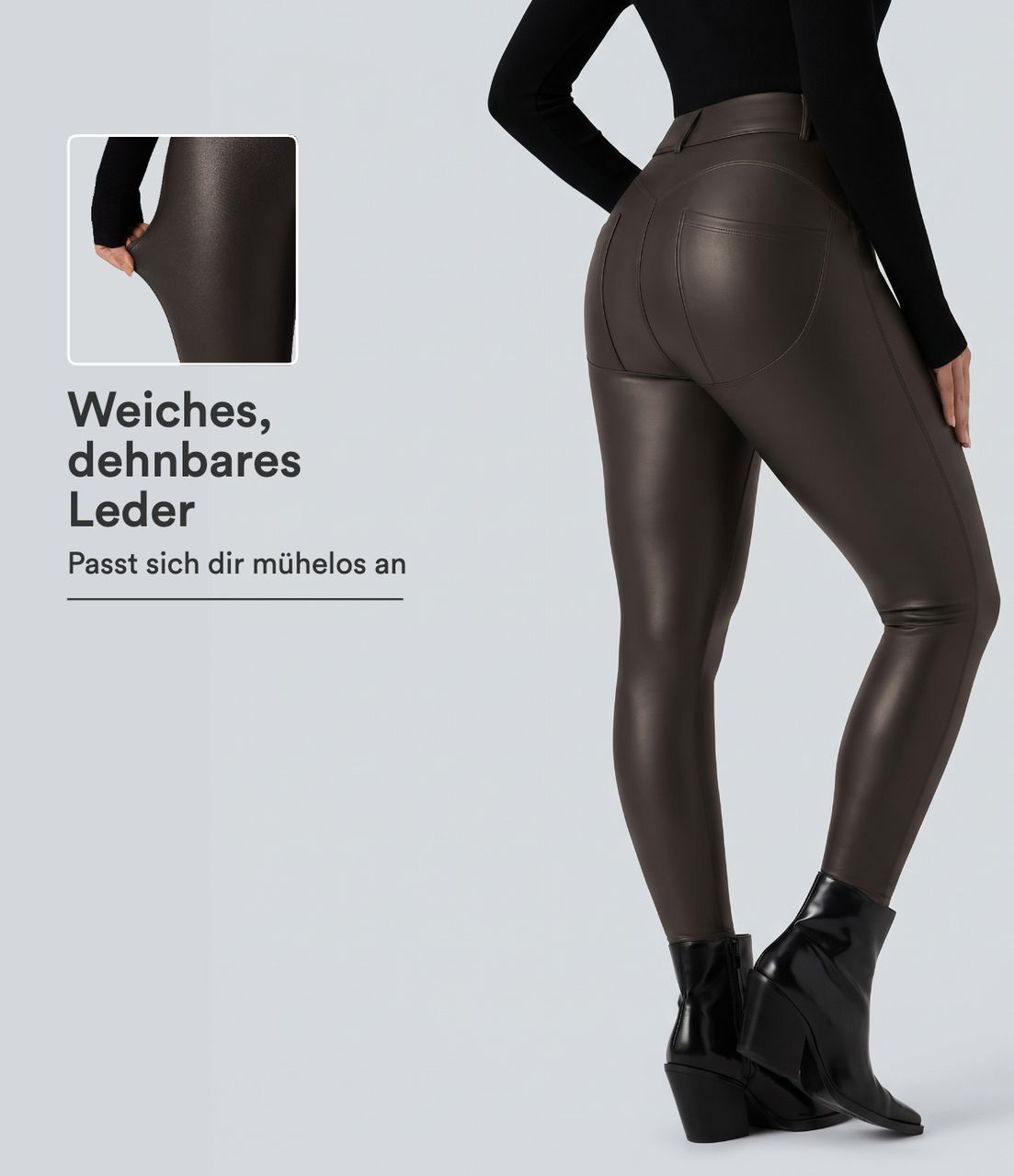 Leggings informales de talle alto, elásticos, de PU con forro polar y bolsillos Leggings informales de talle alto, elásticos, de PU con forro polar y bolsillos