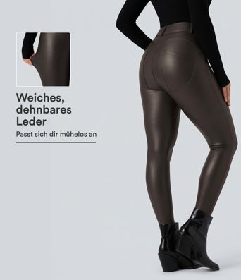 Leggings informales de talle alto, elásticos, de PU con forro polar y bolsillos Leggings informales de talle alto, elásticos, de PU con forro polar y bolsillos