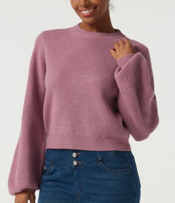 Round Neck Puff Long Sleeve Casual Sweater