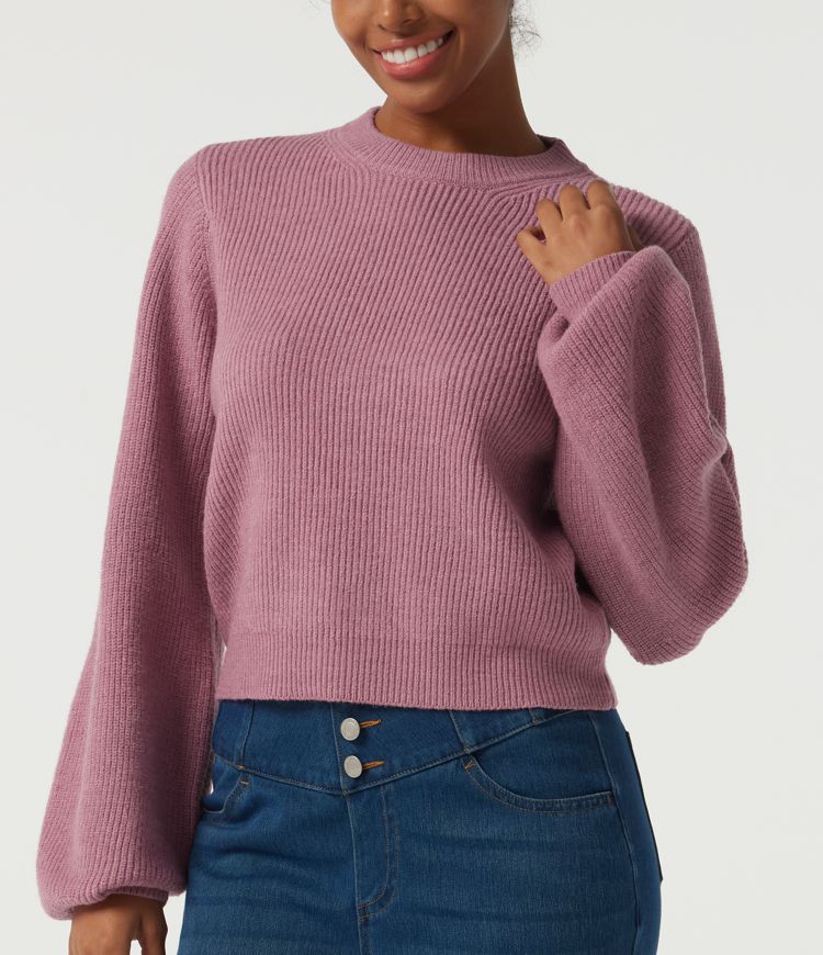 Round Neck Puff Long Sleeve Casual Sweater