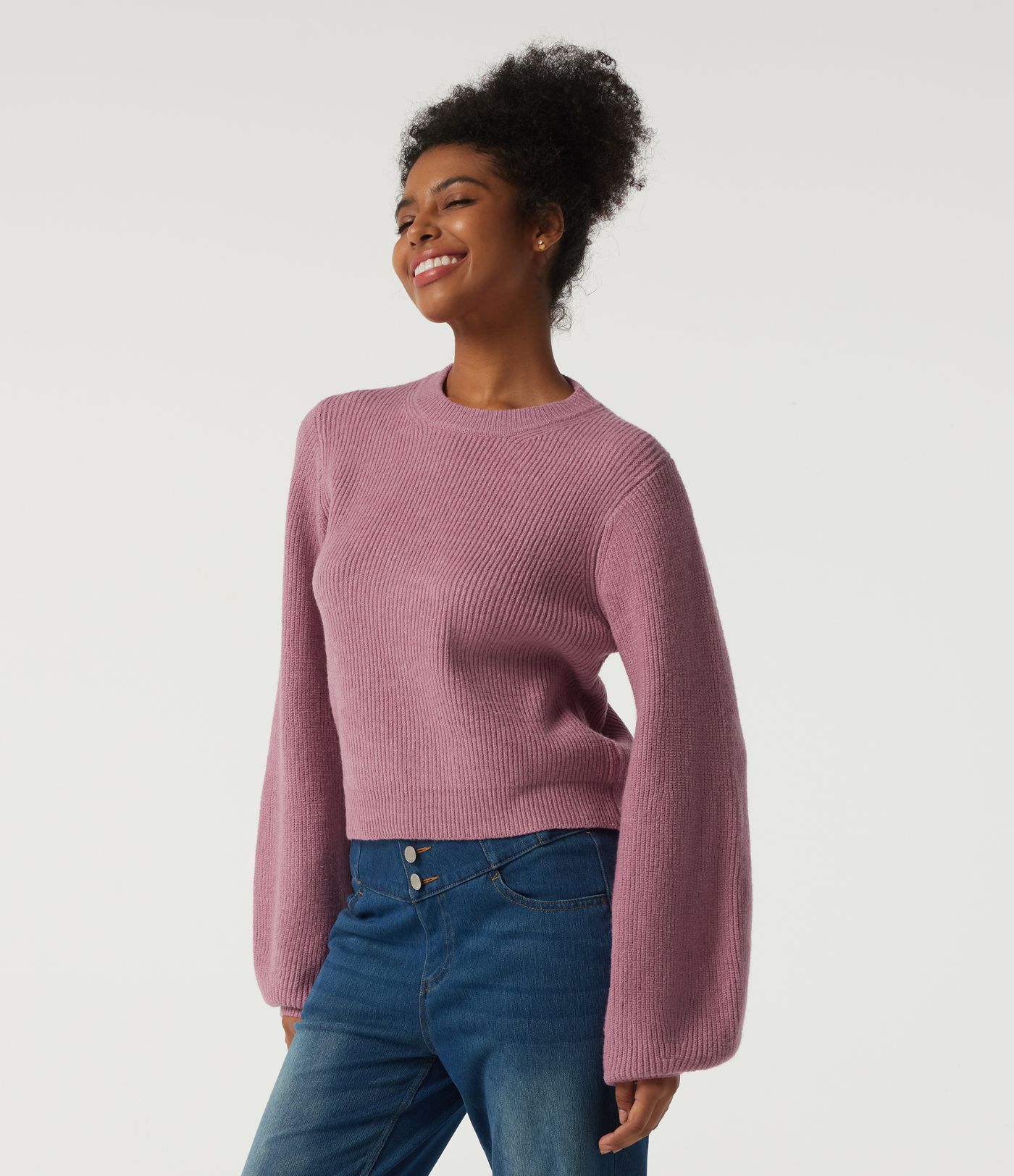 Round Neck Puff Long Sleeve Casual Sweater
