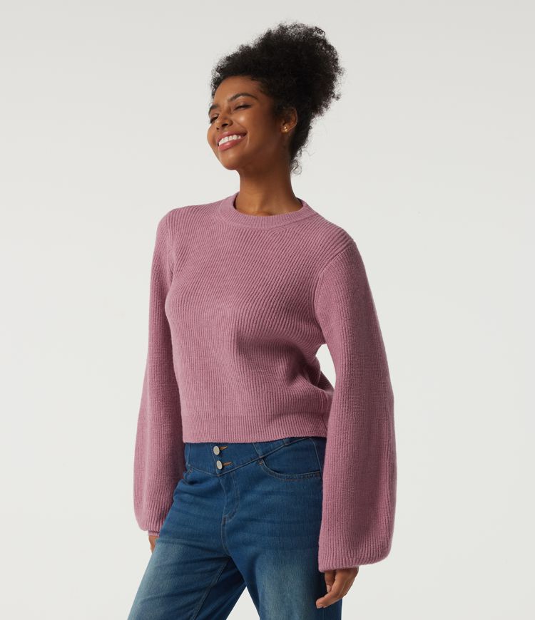 Round Neck Puff Long Sleeve Casual Sweater