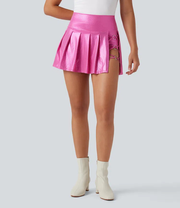 SoftlyZero™ Faux Leather High Waisted 2-in-1 Pleated Sparkle Foil Print Stretchy Mini Skirt with Pockets
