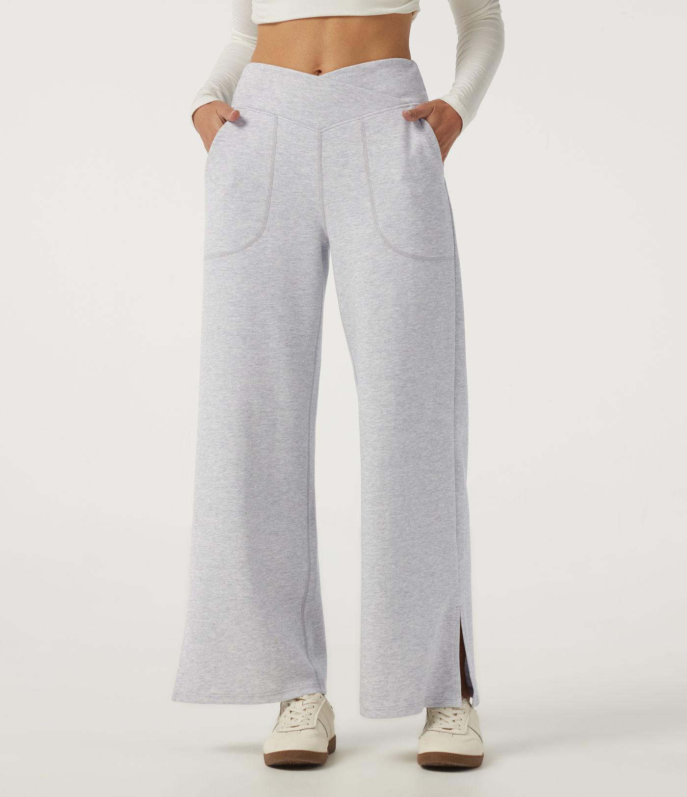 Mid Rise Crossover Wide Leg Split Hem Casual Cotton Sweatpants with Pockets Mid Rise Crossover Wide Leg Split Hem Casual Cotton Sweatpants with Pockets