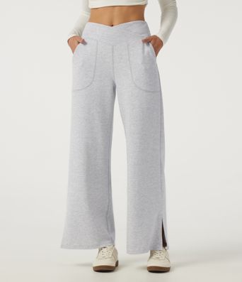 Mid Rise Crossover Wide Leg Split Hem Casual Cotton Sweatpants with Pockets Mid Rise Crossover Wide Leg Split Hem Casual Cotton Sweatpants with Pockets