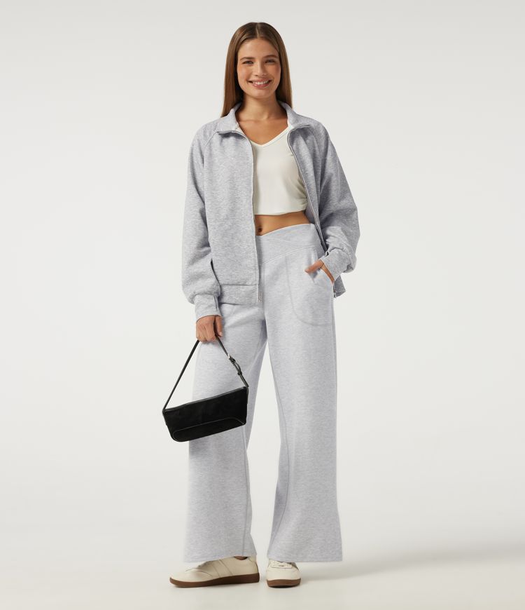 Mid Rise Crossover Wide Leg Split Hem Casual Cotton Sweatpants with Pockets Mid Rise Crossover Wide Leg Split Hem Casual Cotton Sweatpants with Pockets