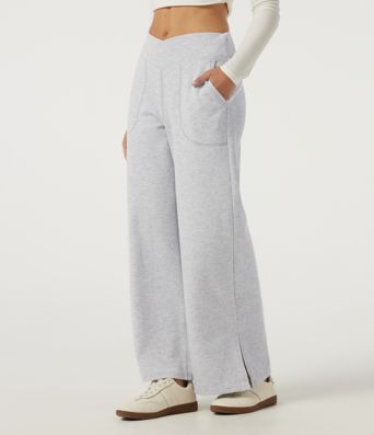 Mid Rise Crossover Wide Leg Split Hem Casual Cotton Sweatpants with Pockets Mid Rise Crossover Wide Leg Split Hem Casual Cotton Sweatpants with Pockets