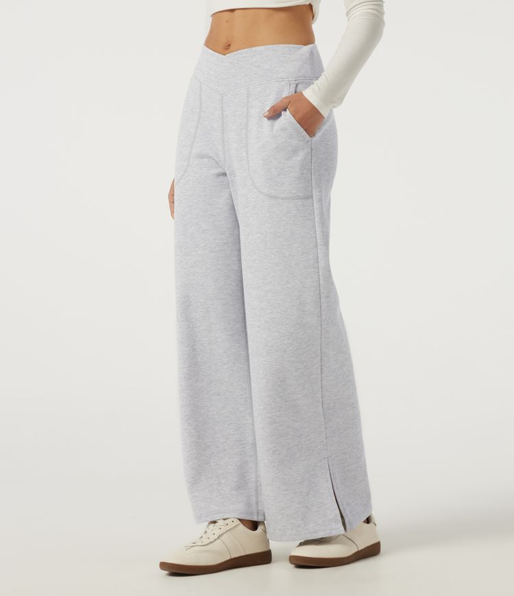 Mid Rise Crossover Wide Leg Split Hem Casual Cotton Sweatpants with Pockets Mid Rise Crossover Wide Leg Split Hem Casual Cotton Sweatpants with Pockets