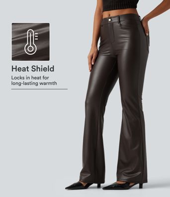 Pantalon décontracté taille mi-haute, coupe bootcut, extensible, en polaire PU, avec poches