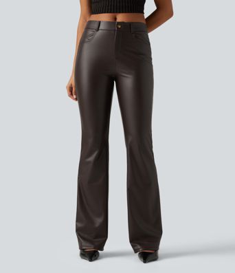 Pantalon décontracté taille mi-haute, coupe bootcut, extensible, en polaire PU, avec poches