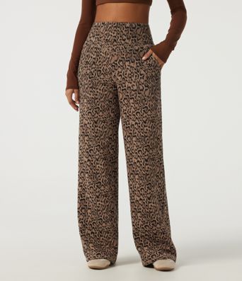 Halara UltraSculpt™ Extra Heat Leopard Print High Waisted Tummy Control Straight Leg Fleece Yoga Pants with Pockets