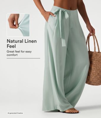 Pantalon ample taille haute en mélange de lin avec liens sur les côtés et poches