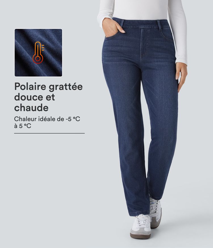 Halara Flex™ Denim Heat - Washed denim jeans with a high-rise waist, side pockets, and a straight leg Halara Flex™ Denim Heat - Washed denim jeans with a high-rise waist, side pockets, and a straight leg