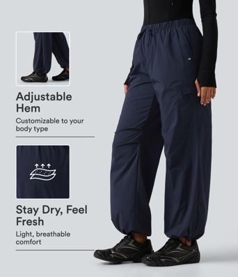 Mid Rise Drawstring Ruched Wide Leg Hiking Pants with Pockets