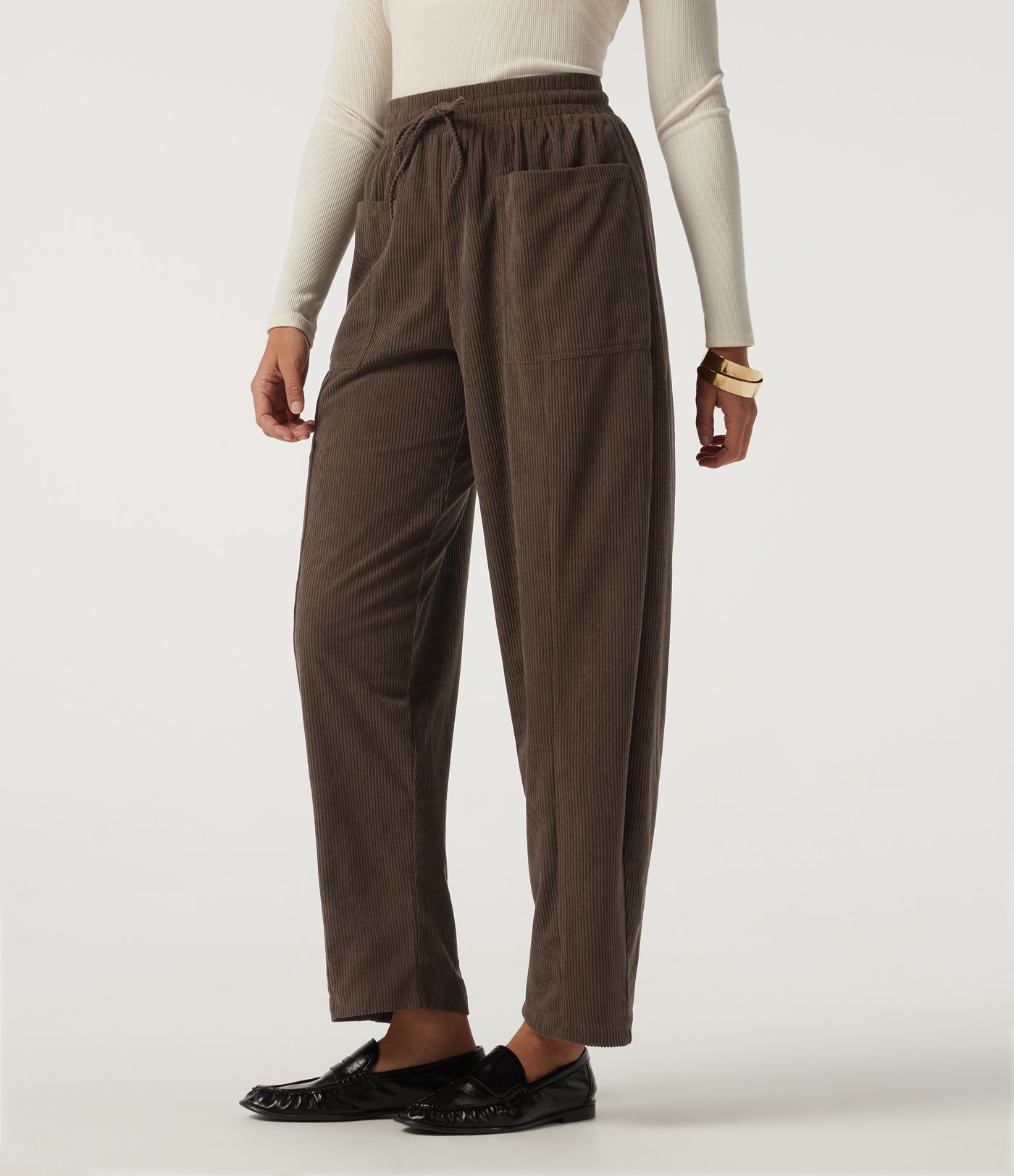 High Waisted Drawstring Tapered Corduroy Casual Pants with Pockets