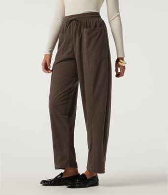 High Waisted Drawstring Tapered Corduroy Casual Pants with Pockets