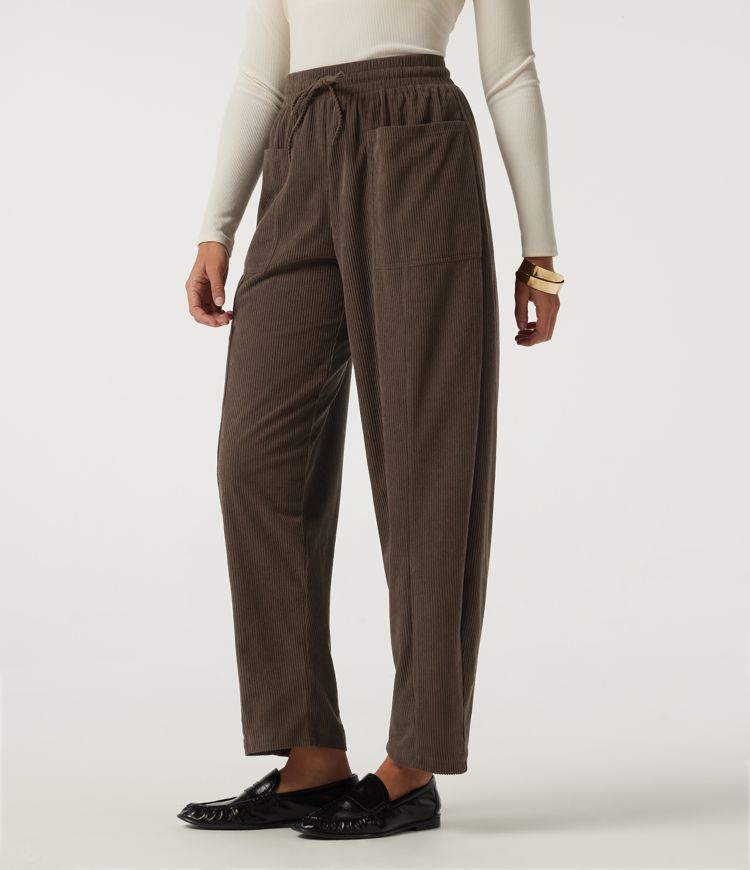 High Waisted Drawstring Tapered Corduroy Casual Pants with Pockets