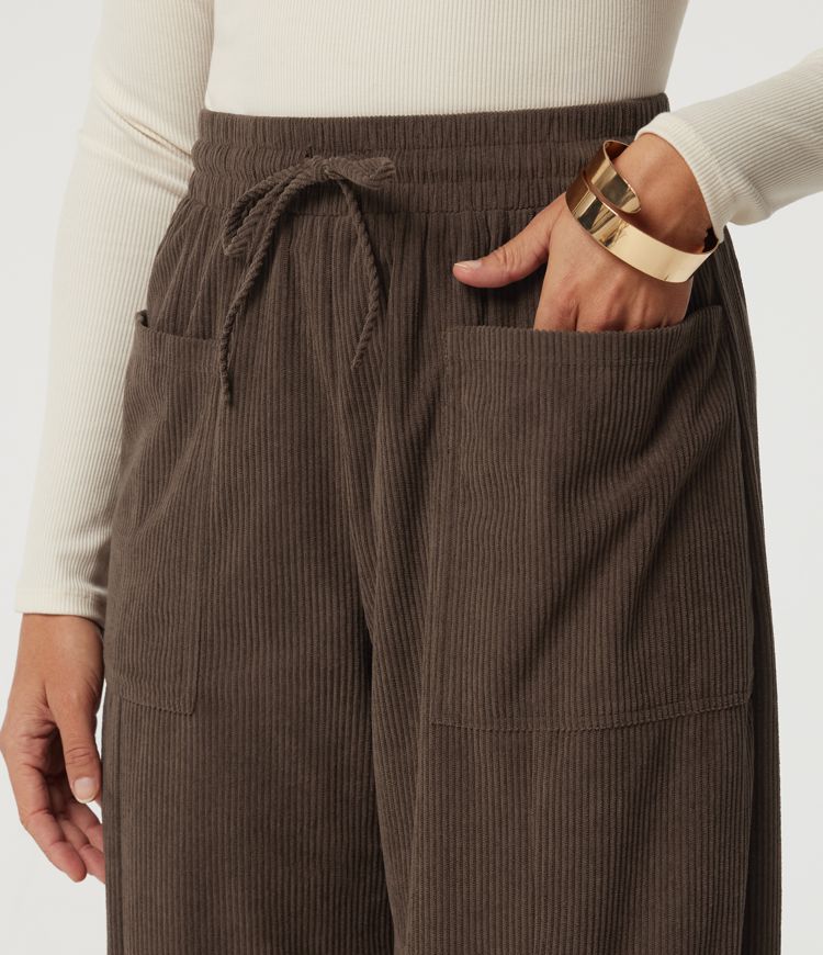 High Waisted Drawstring Tapered Corduroy Casual Pants with Pockets