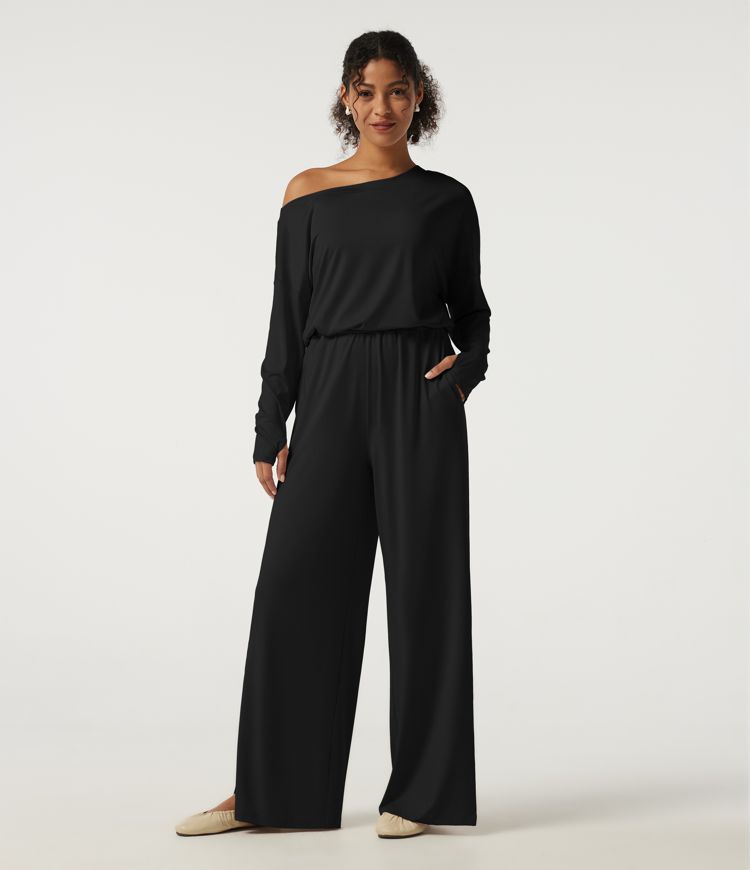 One Shoulder Long Sleeve Wide Leg Casual Jumpsuit with Built-in Bra and Pockets -Easy Peezy Edition