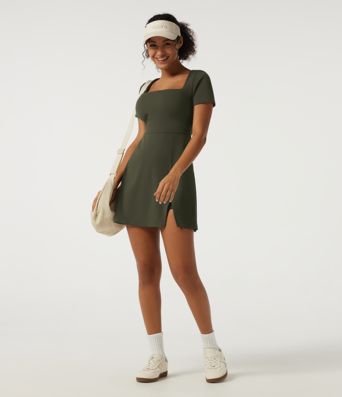 Square Neck A-Line Split Hem Yoga Mini Dress with Built-In Bra and Shorts for DD-F Cups - Easy Peezy Edition Square Neck A-Line Split Hem Yoga Mini Dress with Built-In Bra and Shorts for DD-F Cups - Easy Peezy Edition