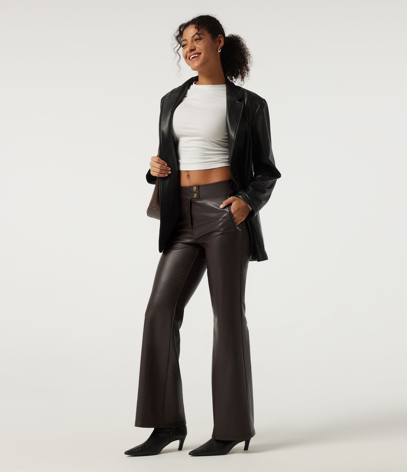 High Waisted Stretchy PU Fleece Casual Bootcut Pants with Pockets High Waisted Stretchy PU Fleece Casual Bootcut Pants with Pockets