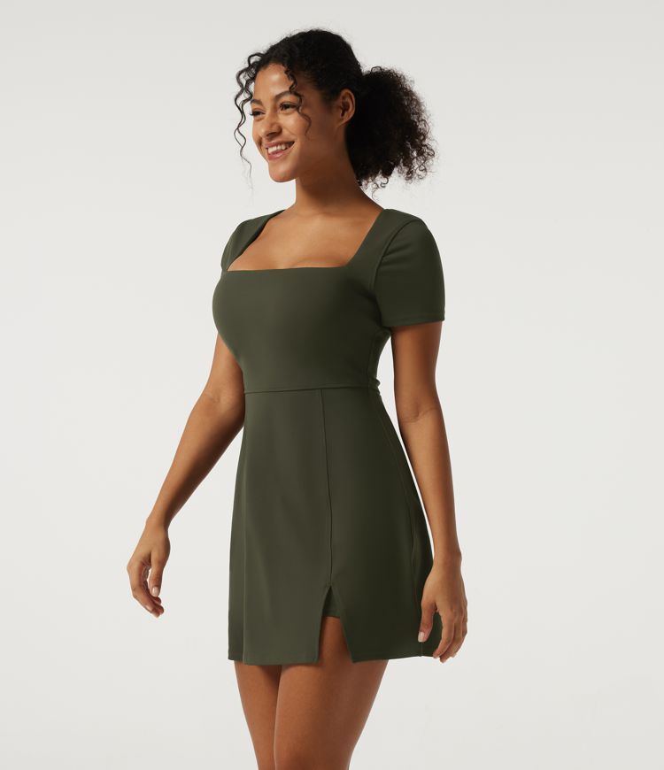 Square Neck A-Line Split Hem Yoga Mini Dress with Built-In Bra and Shorts for DD-F Cups - Easy Peezy Edition Square Neck A-Line Split Hem Yoga Mini Dress with Built-In Bra and Shorts for DD-F Cups - Easy Peezy Edition