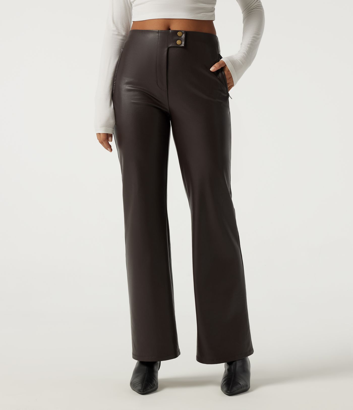 High Waisted Stretchy PU Fleece Casual Bootcut Pants with Pockets High Waisted Stretchy PU Fleece Casual Bootcut Pants with Pockets