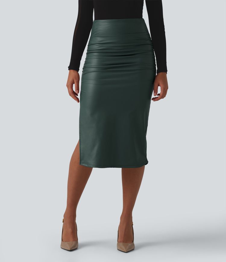 High Waisted Tummy Control Ruched Curved Hem 2-in-1 Fleece PU Midi Casual Skirt