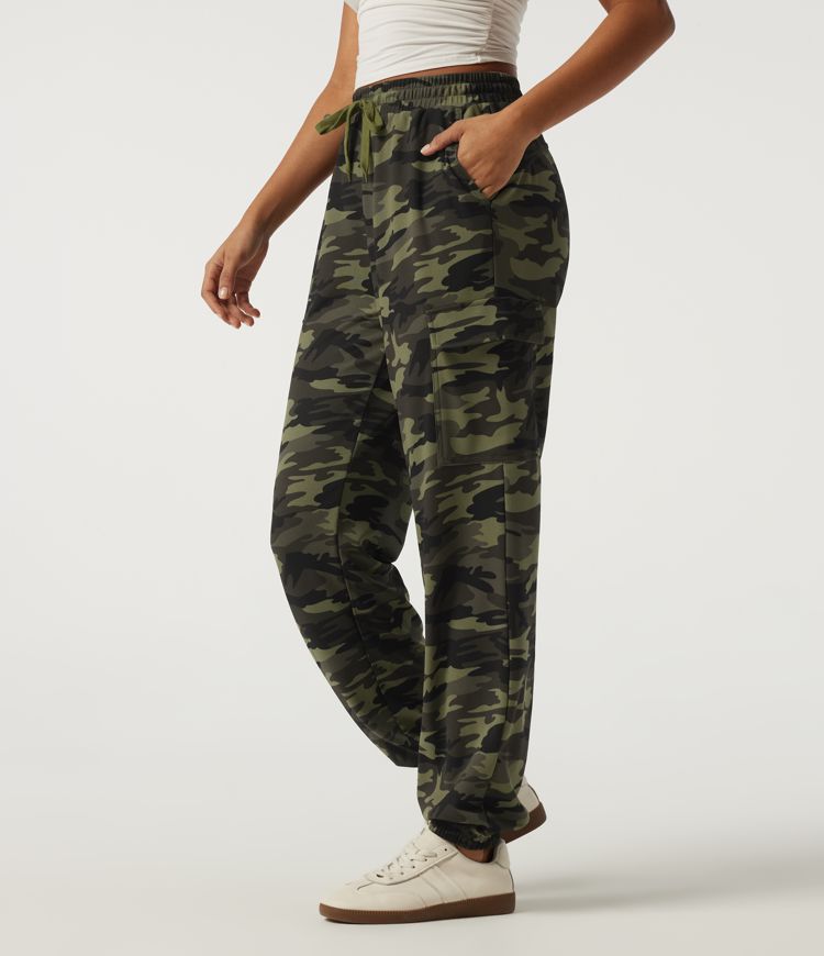 High Waisted Drawstring Camo Waffle Casual Trousers with Pockets High Waisted Drawstring Camo Waffle Casual Trousers with Pockets