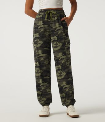 High Waisted Drawstring Camo Waffle Casual Trousers with Pockets High Waisted Drawstring Camo Waffle Casual Trousers with Pockets