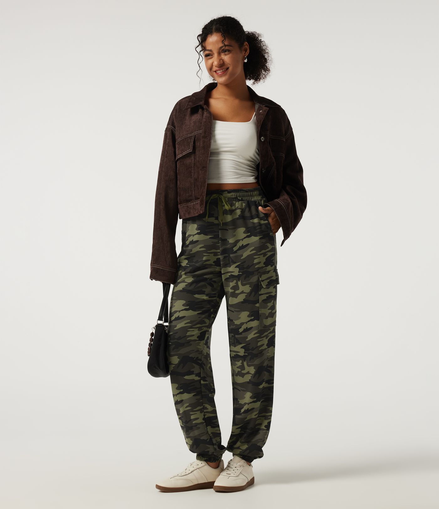 High Waisted Drawstring Camo Waffle Casual Trousers with Pockets High Waisted Drawstring Camo Waffle Casual Trousers with Pockets