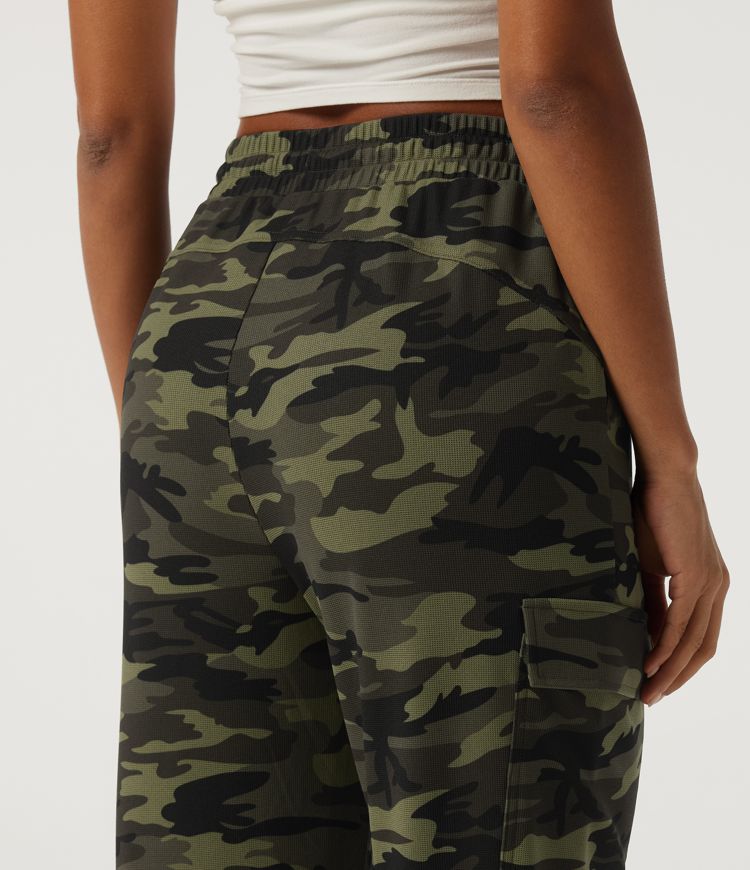 High Waisted Drawstring Camo Waffle Casual Trousers with Pockets High Waisted Drawstring Camo Waffle Casual Trousers with Pockets