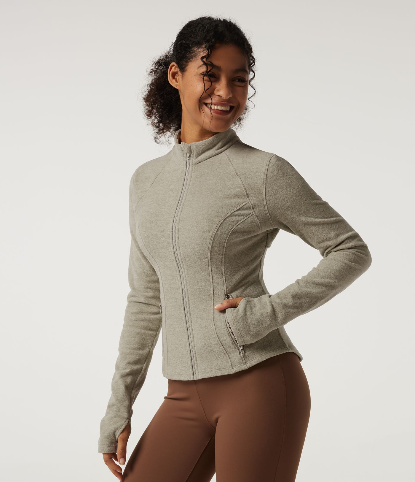 Stand Collar Long Sleeve Fleece Workout Jacket with Pockets and Thumb Holes Stand Collar Long Sleeve Fleece Workout Jacket with Pockets and Thumb Holes