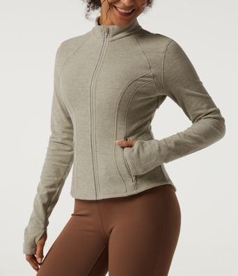 Stand Collar Long Sleeve Fleece Workout Jacket with Pockets and Thumb Holes Stand Collar Long Sleeve Fleece Workout Jacket with Pockets and Thumb Holes