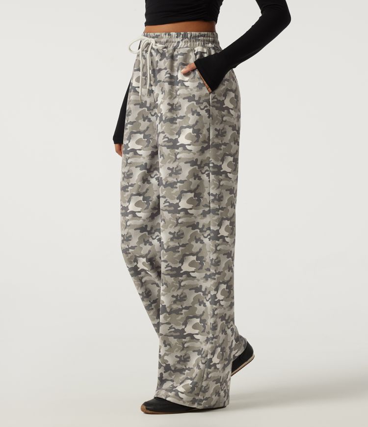 High Waisted Corduroy Camo Drawstring Casual Baggy Pants with Pockets