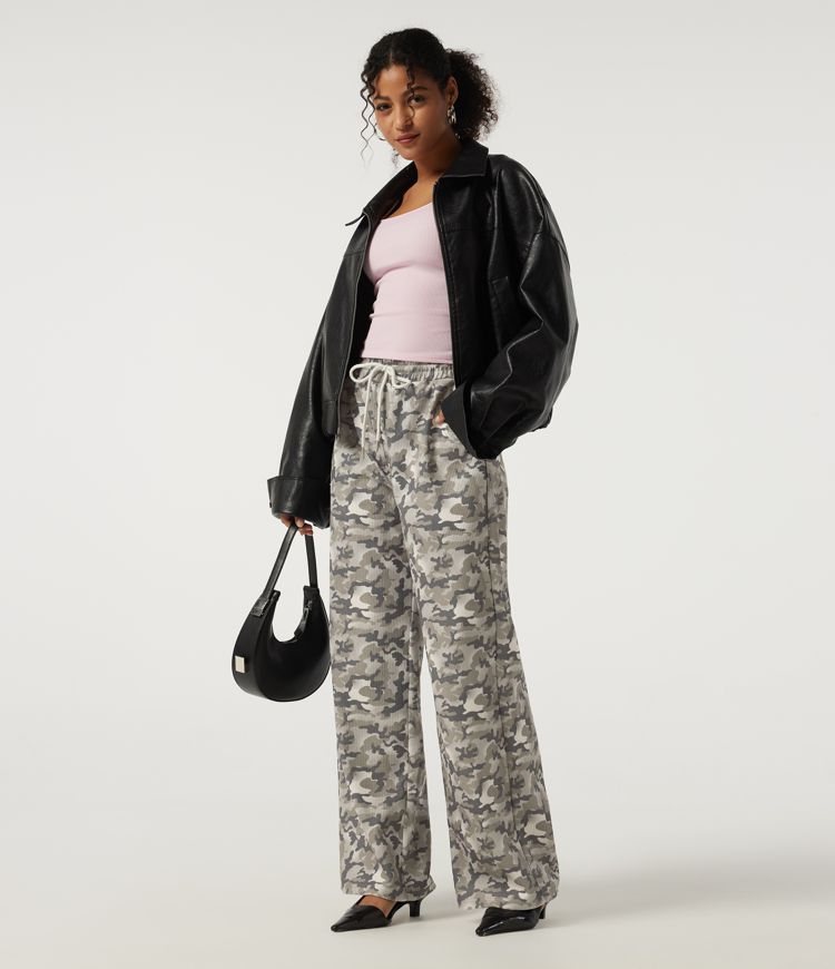 High Waisted Corduroy Camo Drawstring Casual Baggy Pants with Pockets