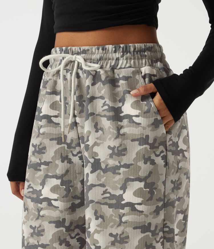High Waisted Corduroy Camo Drawstring Casual Baggy Pants with Pockets