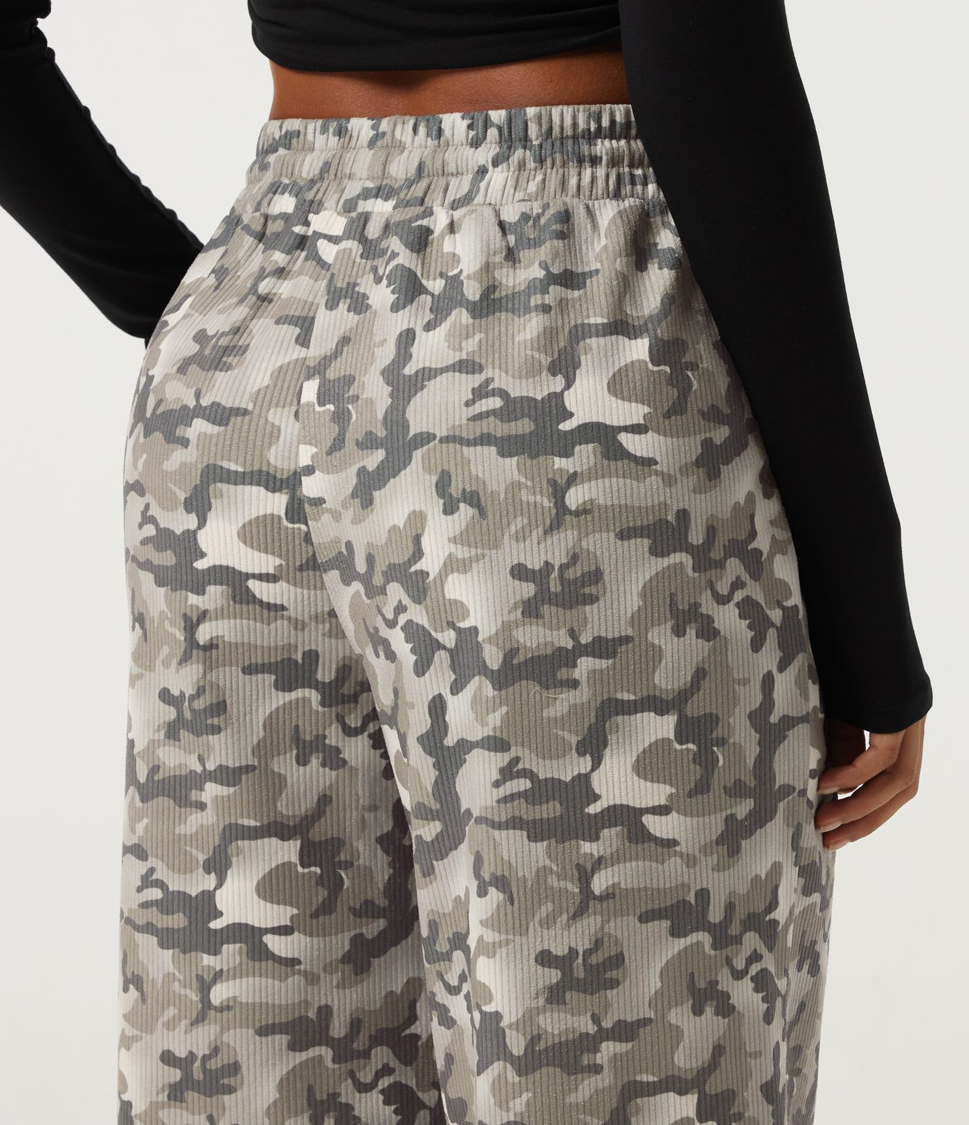 High Waisted Corduroy Camo Drawstring Casual Baggy Pants with Pockets