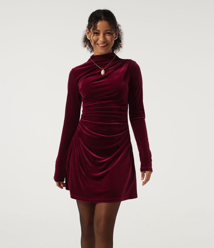 Mock Neck Long Sleeve Ruched Velvet Mini Casual Dress with Pockets