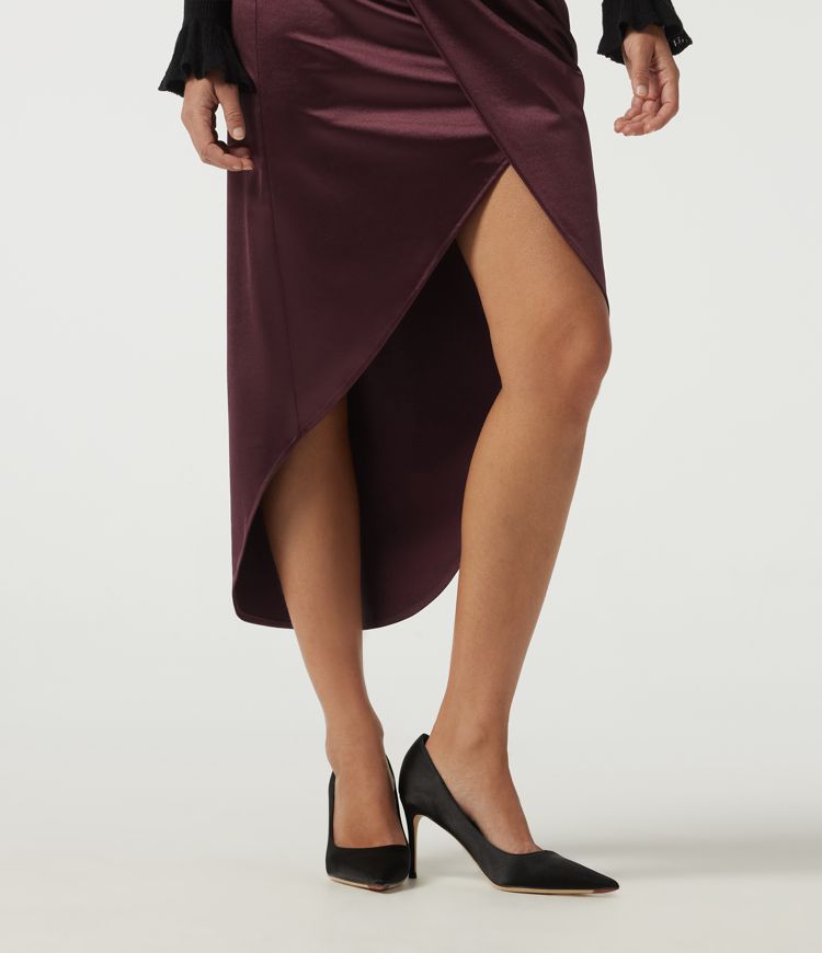 Jupes midi crayon en satin, taille haute, asymétriques, froncées, à fente