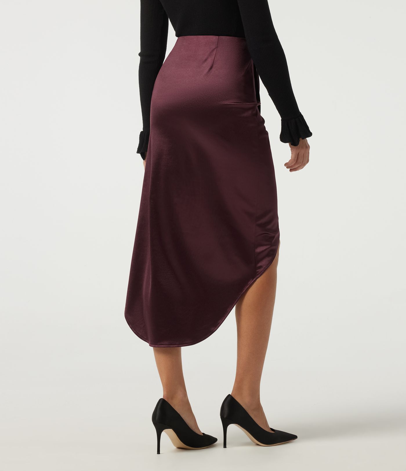 Jupes midi crayon en satin, taille haute, asymétriques, froncées, à fente