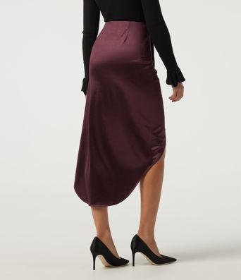 Jupes midi crayon en satin, taille haute, asymétriques, froncées, à fente