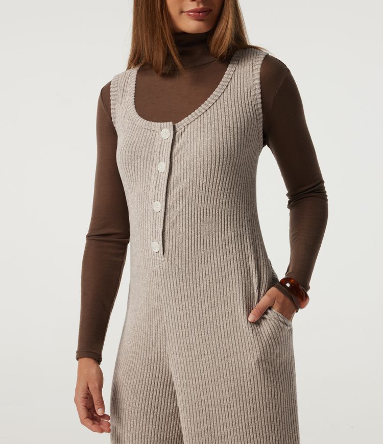 Ribbed Knit U Neck Wide Leg Casual Jumpsuit with Pockets