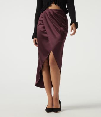 Jupes midi crayon en satin, taille haute, asymétriques, froncées, à fente