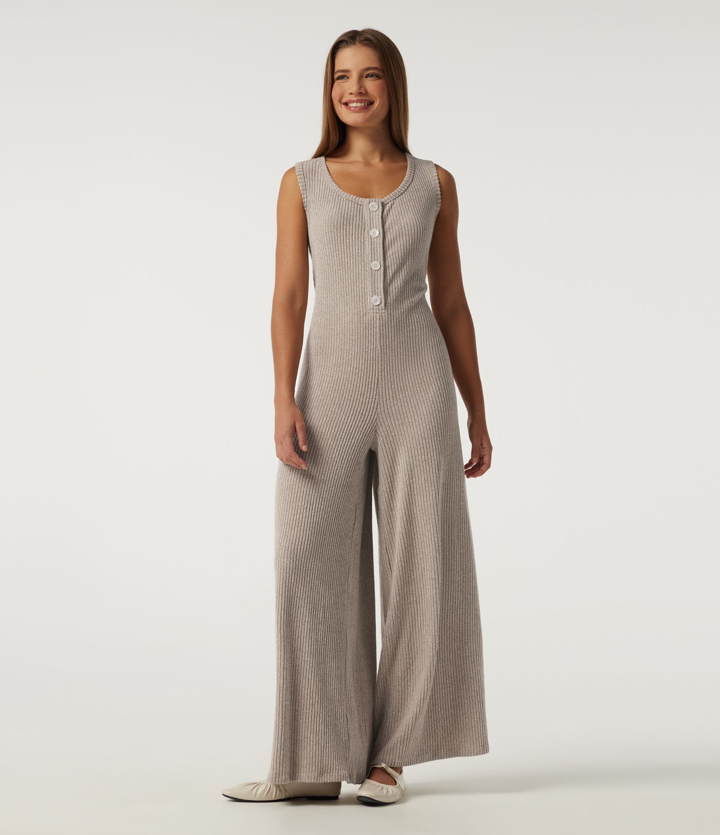 Ribbed Knit U Neck Wide Leg Casual Jumpsuit with Pockets