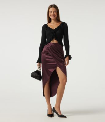 Jupes midi crayon en satin, taille haute, asymétriques, froncées, à fente