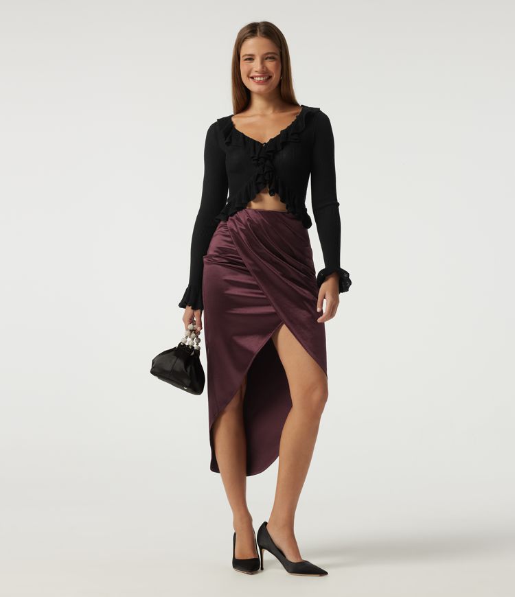 Jupes midi crayon en satin, taille haute, asymétriques, froncées, à fente