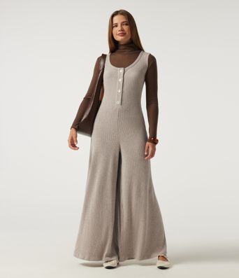 Ribbed Knit U Neck Wide Leg Casual Jumpsuit with Pockets