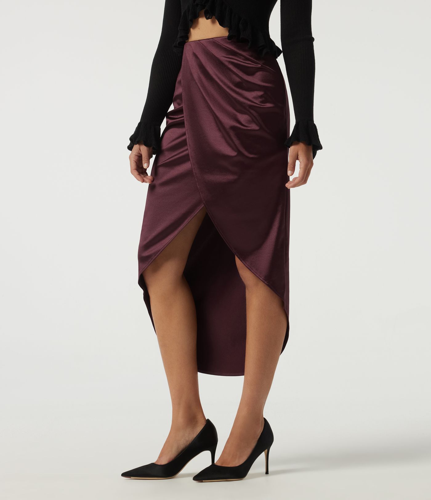 Jupes midi crayon en satin, taille haute, asymétriques, froncées, à fente